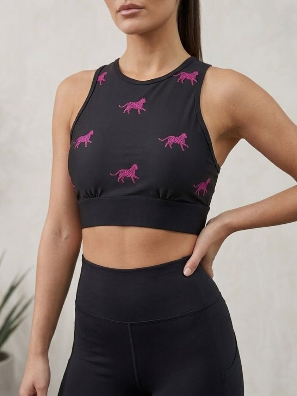 Noli High Neck Black Pink Tiger Leopard Print Sports Bra, Mesh Back, Small